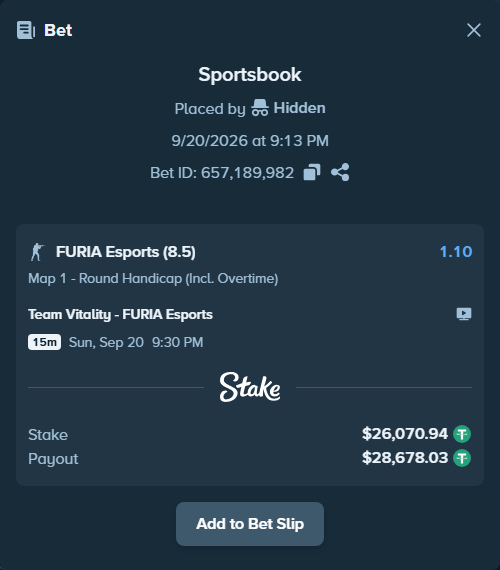 Bet slip: Team Vitality - FURIA Esports, $26,097.01 stake at 1.10 odds, placed by Hidden