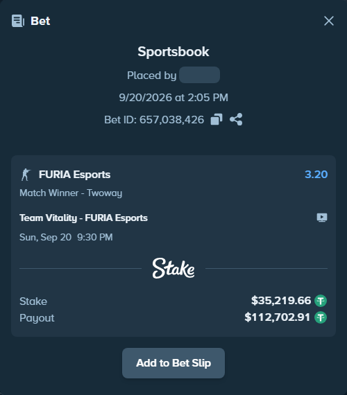 Bet slip: Team Vitality - FURIA Esports, $35,219.66 stake at 3.20 odds, placed by mi6a1