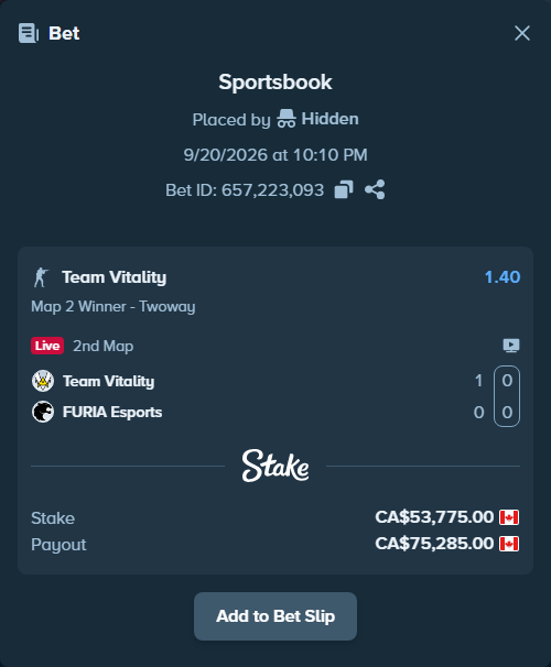 Bet slip: Team Vitality - FURIA Esports, $39,793.50 stake at 1.40 odds, placed by Hidden