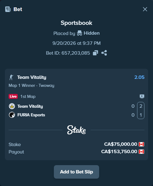 Bet slip: Team Vitality - FURIA Esports, $55,500.00 stake at 2.05 odds, placed by Hidden