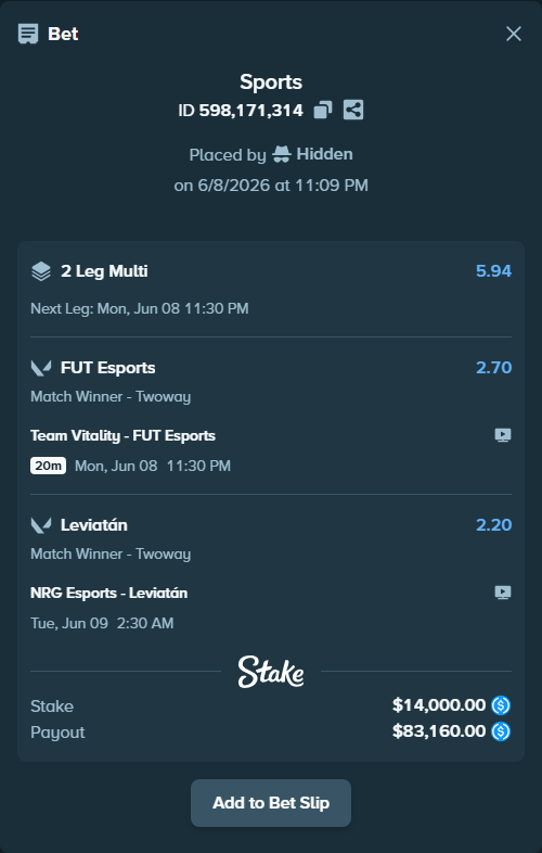 Bet slip: Team Vitality - FUT Esports, $14,000.00 stake at 2.70 odds, placed by Hidden
