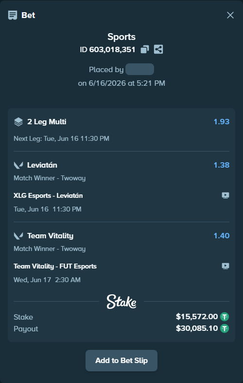 Bet slip: Team Vitality - FUT Esports, $15,572.00 stake at 1.40 odds, placed by zhanjinkun
