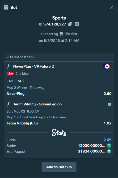 Bet slip: Team Vitality - GamerLegion, $12,000.00 stake at 1.02 odds, placed by Hidden