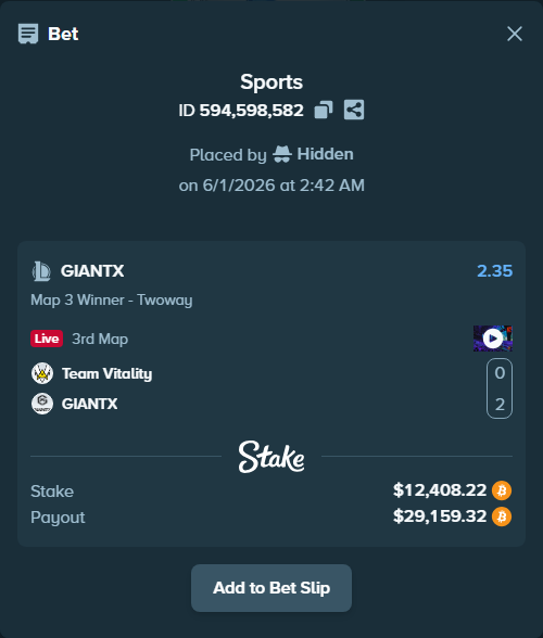 Bet slip: Team Vitality - GIANTX, $10,871.77 stake at 2.35 odds, placed by Hidden