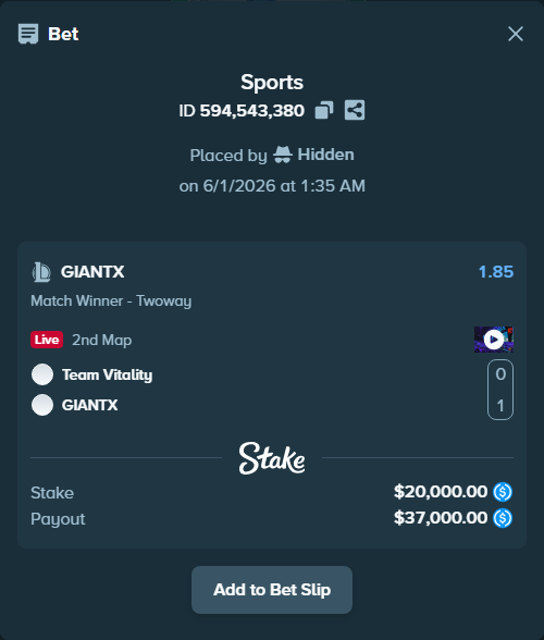 Bet slip: Team Vitality - GIANTX, $20,000.00 stake at 1.85 odds, placed by Hidden