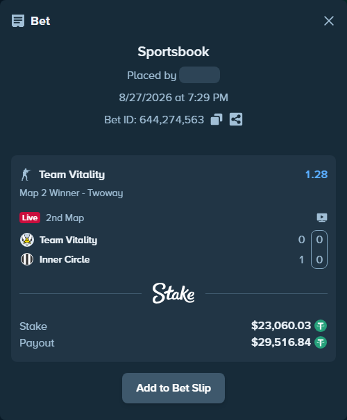 Bet slip: Team Vitality - Inner Circle, $23,060.03 stake at 1.28 odds, placed by BashirGoldenDr