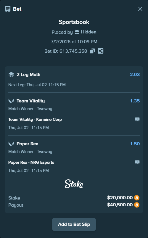 Bet slip: Team Vitality - Karmine Corp, $20,541.99 stake at 1.35 odds, placed by Hidden
