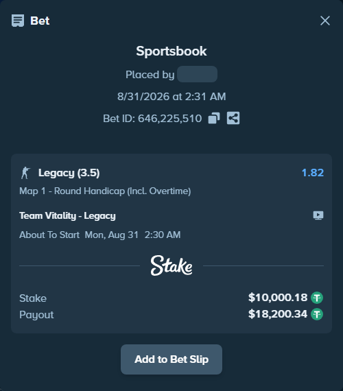 Bet slip: Team Vitality - Legacy, $10,000.18 stake at 1.82 odds, placed by fantasy7788