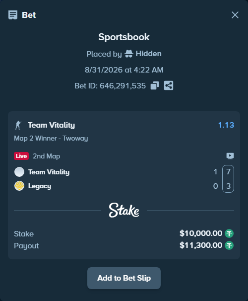 Bet slip: Team Vitality - Legacy, $10,000.00 stake at 1.13 odds, placed by Hidden