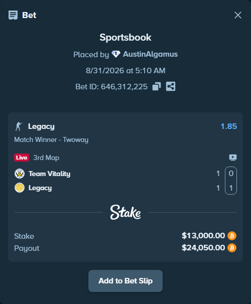 Bet slip: Team Vitality - Legacy, $12,962.35 stake at 1.85 odds, placed by AustinAlgamus