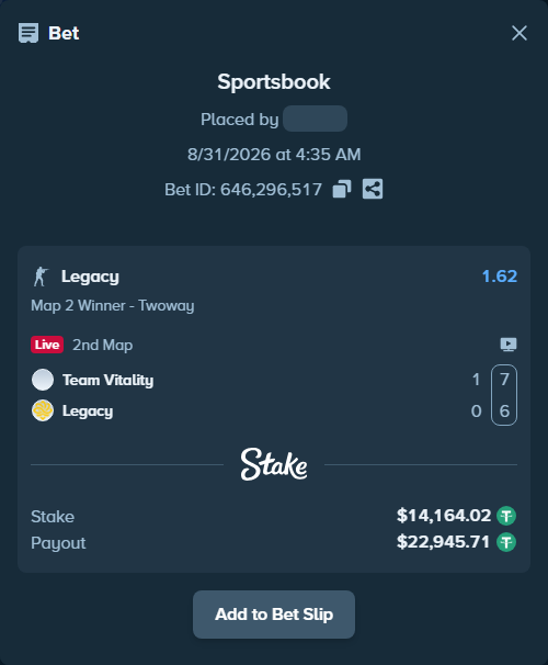 Bet slip: Team Vitality - Legacy, $14,164.02 stake at 1.62 odds, placed by betuntilwet