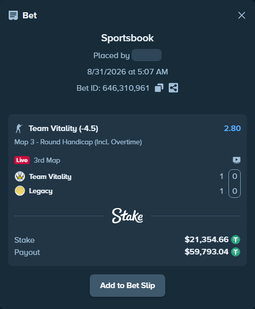 Bet slip: Team Vitality - Legacy, $21,354.66 stake at 2.80 odds, placed by Mnt41