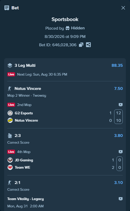 Bet slip: Team Vitality - Legacy, $25,000.00 stake at 3.10 odds, placed by Hidden