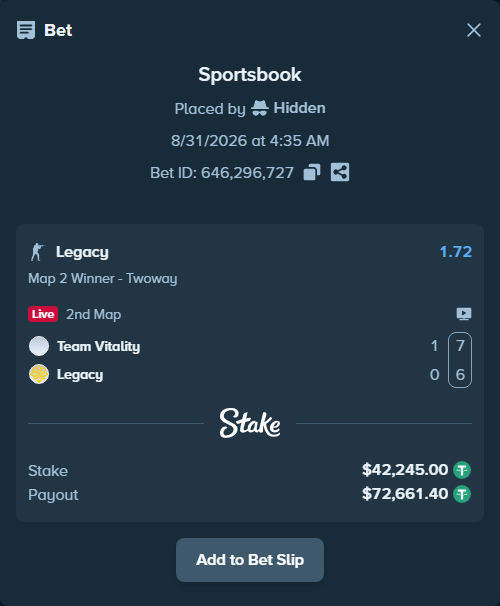 Bet slip: Team Vitality - Legacy, $42,245.00 stake at 1.72 odds, placed by Hidden