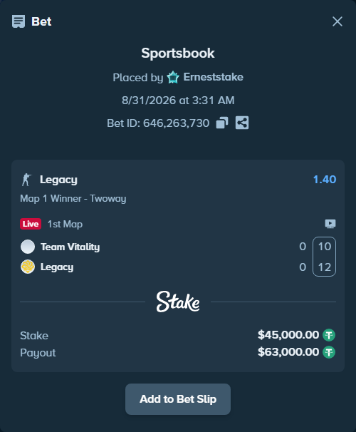 Bet slip: Team Vitality - Legacy, $45,000.00 stake at 1.40 odds, placed by Erneststake