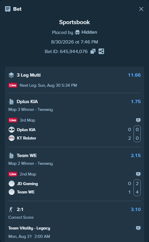 Bet slip: Team Vitality - Legacy, $50,416.26 stake at 3.10 odds, placed by Hidden