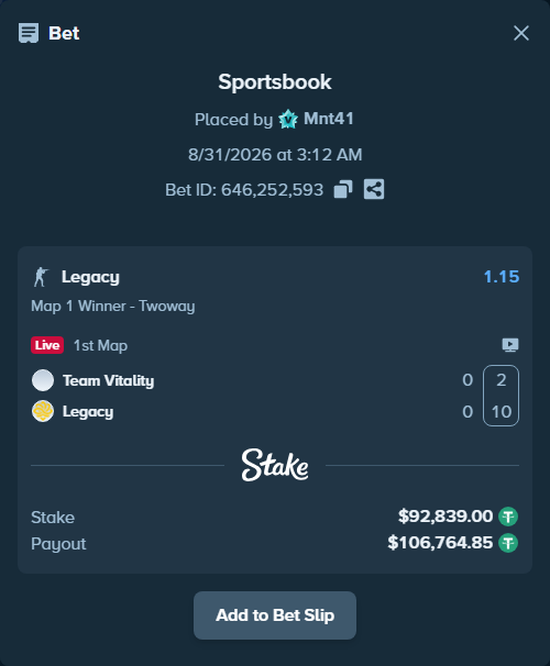 Bet slip: Team Vitality - Legacy, $92,839.00 stake at 1.15 odds, placed by Mnt41
