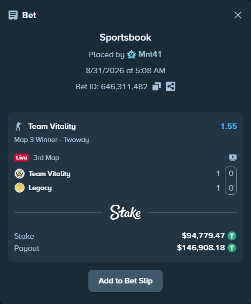 Bet slip: Team Vitality - Legacy, $94,779.47 stake at 1.55 odds, placed by Mnt41