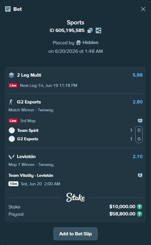Bet slip: Team Vitality - Leviatán, $10,010.00 stake at 2.10 odds, placed by Hidden