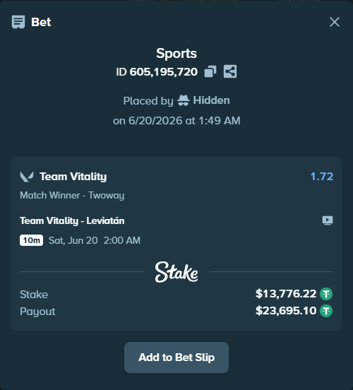 Bet slip: Team Vitality - Leviatán, $13,790.00 stake at 1.72 odds, placed by Hidden