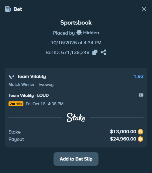 Bet slip: Team Vitality - LOUD, $13,000.00 stake at 1.92 odds, placed by Hidden