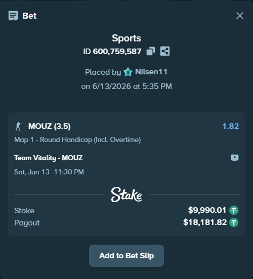 Bet slip: Team Vitality - MOUZ, $10,000.00 stake at 1.82 odds, placed by Nilsen11