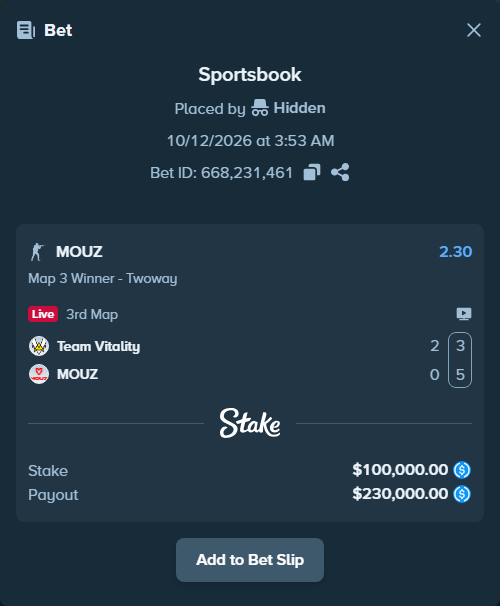 Bet slip: Team Vitality - MOUZ, $100,000.00 stake at 2.30 odds, placed by Hidden