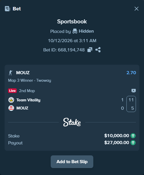 Bet slip: Team Vitality - MOUZ, $10,010.00 stake at 2.70 odds, placed by Hidden