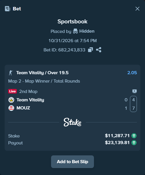 Bet slip: Team Vitality - MOUZ, $11,299.00 stake at 2.05 odds, placed by Hidden