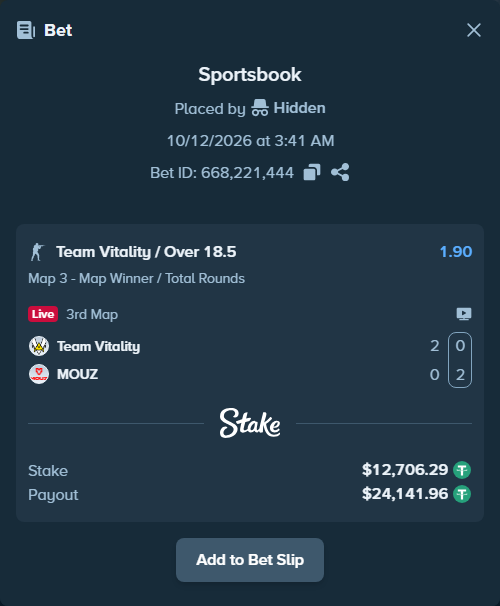 Bet slip: Team Vitality - MOUZ, $12,719.00 stake at 1.90 odds, placed by Hidden