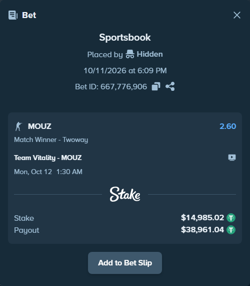 Bet slip: Team Vitality - MOUZ, $15,000.00 stake at 2.60 odds, placed by Hidden