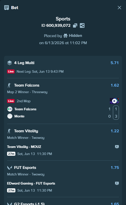 Bet slip: Team Vitality - MOUZ, $20,020.00 stake at 1.22 odds, placed by Hidden