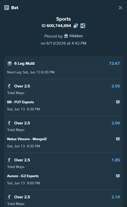 Bet slip: Team Vitality - MOUZ, $25,000.00 stake at 2.10 odds, placed by Hidden