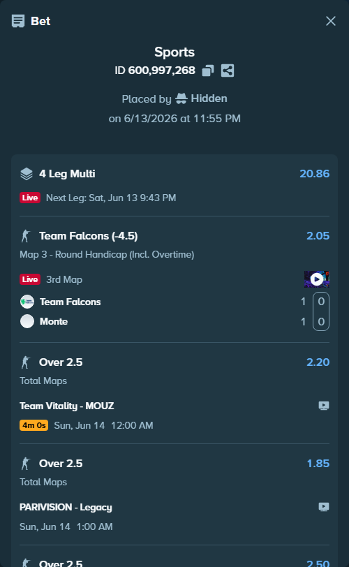 Bet slip: Team Vitality - MOUZ, $50,000.00 stake at 2.20 odds, placed by Hidden