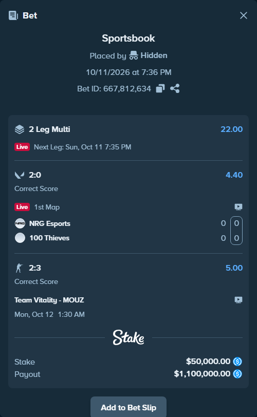 Bet slip: Team Vitality - MOUZ, $50,000.00 stake at 5.00 odds, placed by Hidden
