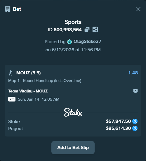 Bet slip: Team Vitality - MOUZ, $57,847.50 stake at 1.48 odds, placed by OlegStake27