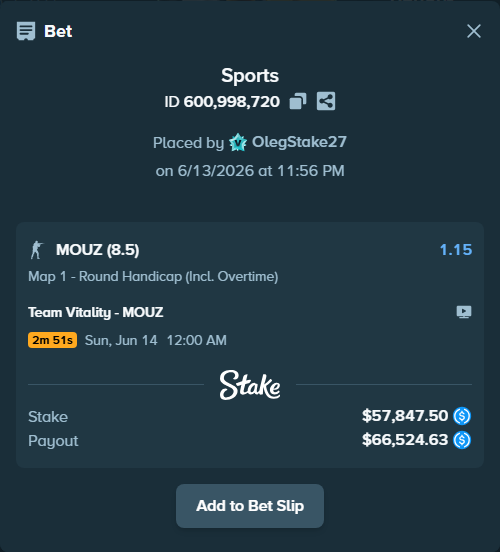Bet slip: Team Vitality - MOUZ, $57,847.50 stake at 1.15 odds, placed by OlegStake27