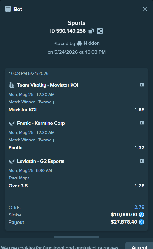 Bet slip: Team Vitality - Movistar KOI, $10,000.00 stake at 1.65 odds, placed by Hidden