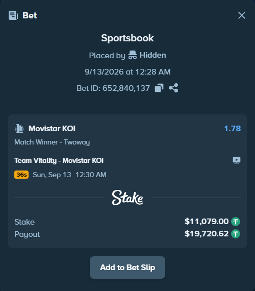 Bet slip: Team Vitality - Movistar KOI, $11,079.00 stake at 1.78 odds, placed by Hidden