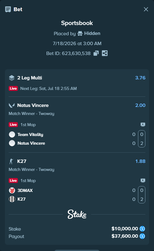 Bet slip: Team Vitality - Natus Vincere, $10,000.00 stake at 2.00 odds, placed by Hidden