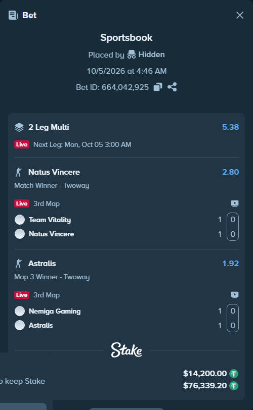 Bet slip: Team Vitality - Natus Vincere, $14,200.00 stake at 2.80 odds, placed by Hidden