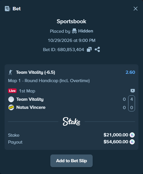 Bet slip: Team Vitality - Natus Vincere, $21,065.05 stake at 2.60 odds, placed by AustinAlgamus
