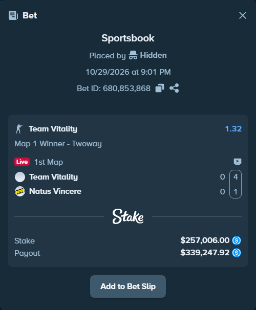 Bet slip: Team Vitality - Natus Vincere, $257,006.00 stake at 1.32 odds, placed by Hidden