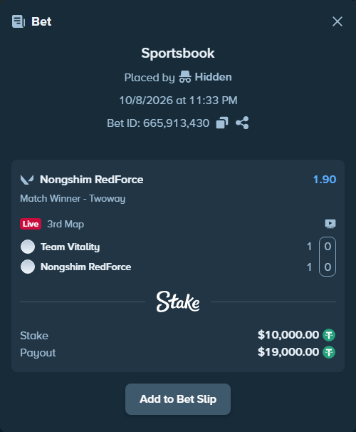 Bet slip: Team Vitality - Nongshim RedForce, $10,000.00 stake at 1.90 odds, placed by Håvardlied2004