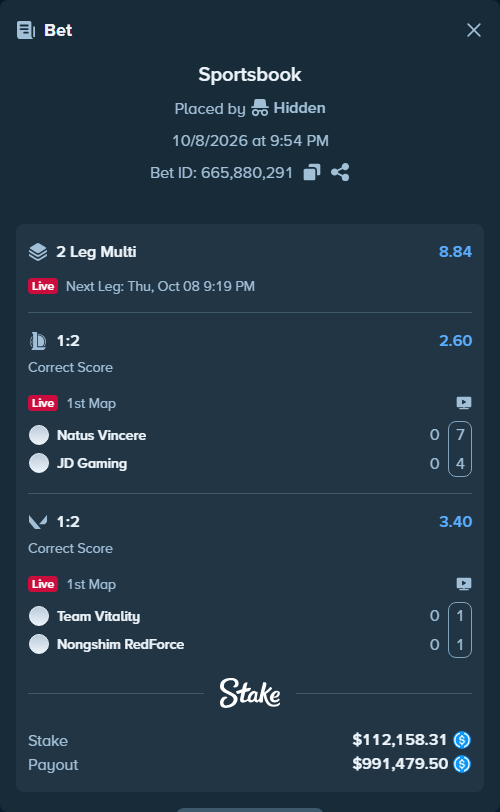 Bet slip: Team Vitality - Nongshim RedForce, $112,158.31 stake at 3.40 odds, placed by Hidden
