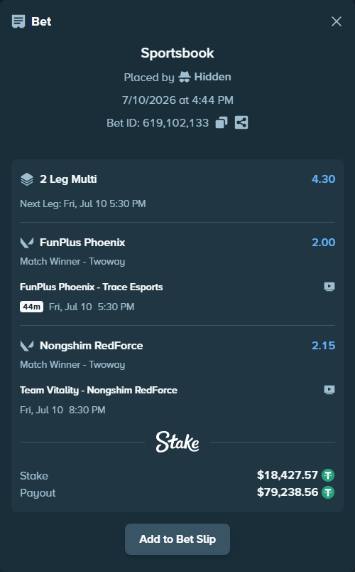 Bet slip: Team Vitality - Nongshim RedForce, $18,446.00 stake at 2.15 odds, placed by Hidden