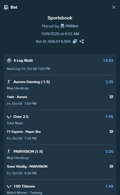 Bet slip: Team Vitality - PARIVISION, $100,336.47 stake at 2.20 odds, placed by Hidden