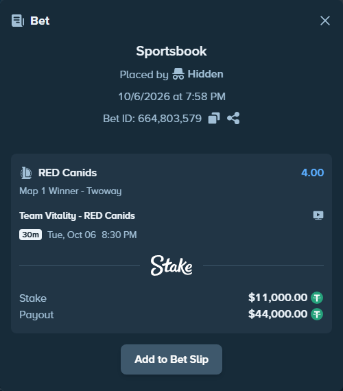 Bet slip: Team Vitality - RED Canids, $11,000.00 stake at 4.00 odds, placed by 도다리