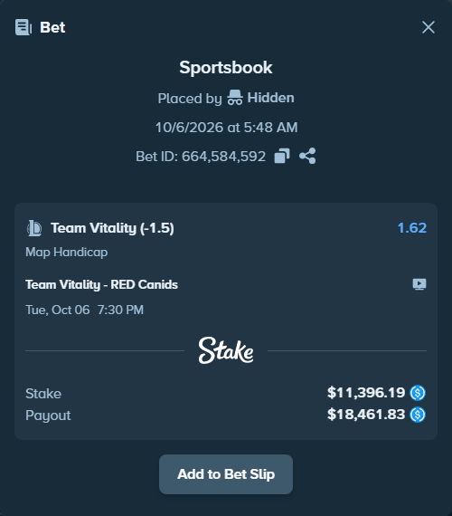 Bet slip: Team Vitality - RED Canids, $11,396.19 stake at 1.62 odds, placed by Hidden