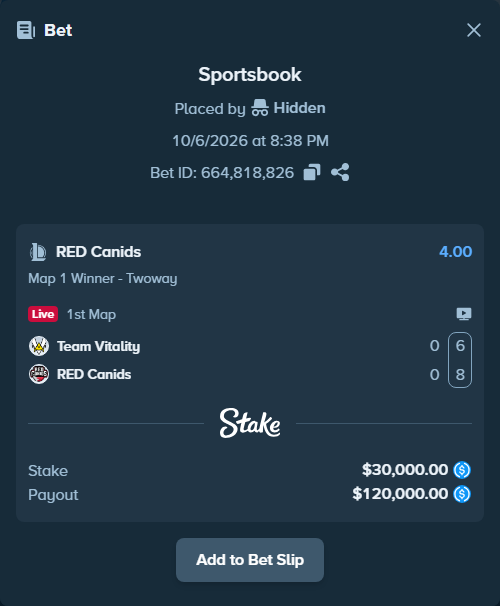 Bet slip: Team Vitality - RED Canids, $30,000.00 stake at 4.00 odds, placed by Hidden